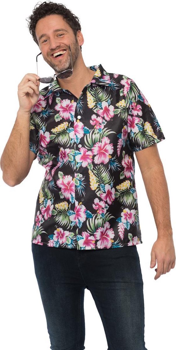 Luxe Hawaii Blouse Heren | Maat M | Zwart| Carnaval | Verkleedkleding | Caribbean| Tropisch |Hawaii Shirt Heren |Overhemd